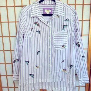 Lavender and white striped collared shirt w/ moth embellishment by Anthropology